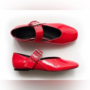 🆕 Joe Fresh | Red Patent Faux Leather Flats with Square Toe and Silver Buckles